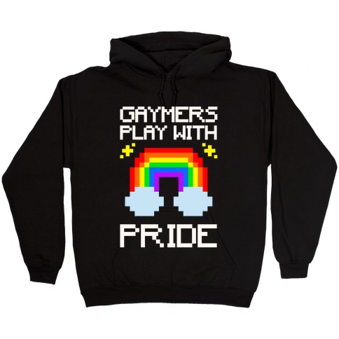 Gaymers Play With Pride White Print Hooded Sweatshirt