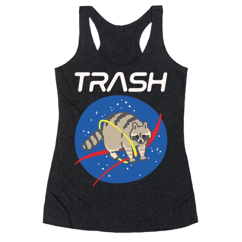 Trash Raccoon Nasa Logo Parody White Print Racerback Tank Top