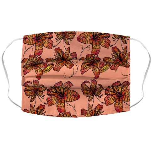 Peachy Tiger Lillies with Tiger Stripes Square Pattern Accordion Face Mask