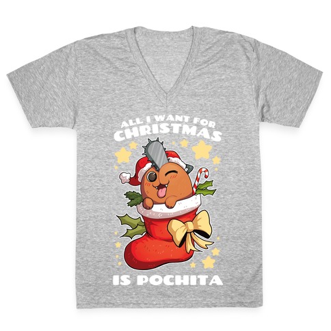 All I Want For Christmas Is Pochita V-Neck Tee Shirt