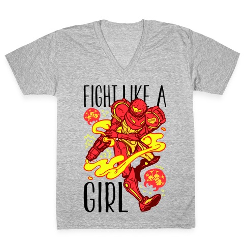 Fight Like A Girl Samus Parody V-Neck Tee Shirt