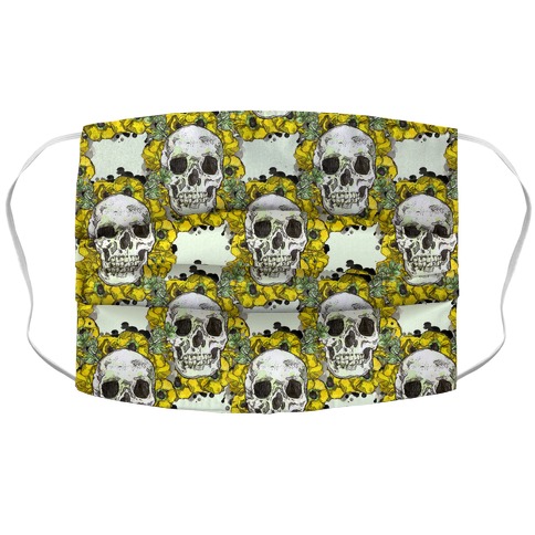 Skull on a Bed of Poppies Pattern Yellow Accordion Face Mask