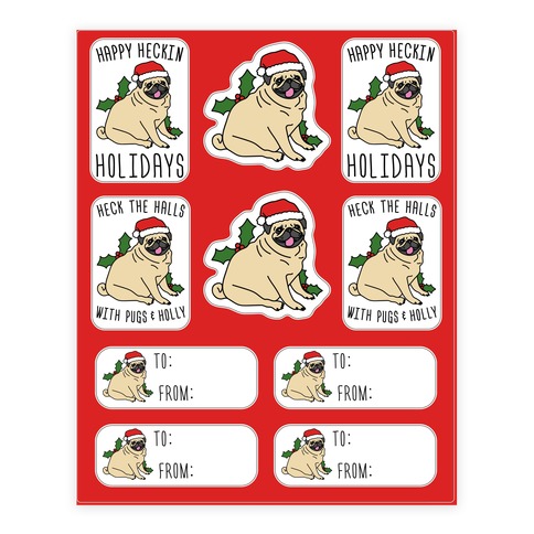 Christmas Pug Gift Tags Stickers and Decal Sheet