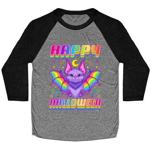 90s Neon Rainbow Bat Happy Halloween Baseball Tee
