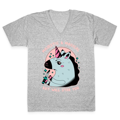 Majestic & Magical, But Will Stab You Unicorn V-Neck Tee Shirt