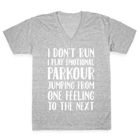 Emotional Parkour Funny Running Parody White Print V-Neck Tee Shirt