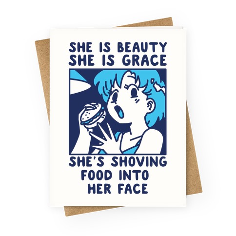 She's Shoving Food Into Her Face Ami Greeting Card