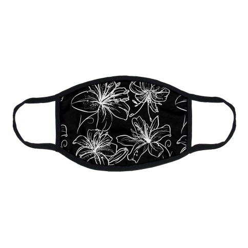 Black and White Tiger Lillies Pattern on Black Flat Face Mask