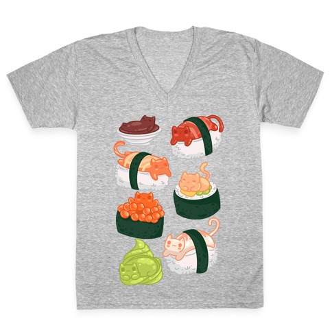 Sushi Cats Pattern V-Neck Tee Shirt
