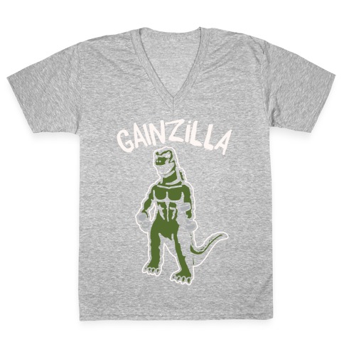 Gainzilla Lifting Parody White Print V-Neck Tee Shirt