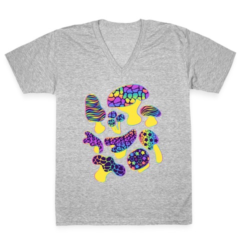 Psychedelic 90s Rainbow Animal Print Mushrooms V-Neck Tee Shirt