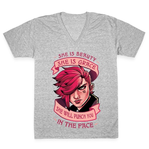She is Beauty, She Is Grace, She will Punch You In The Face V-Neck Tee Shirt