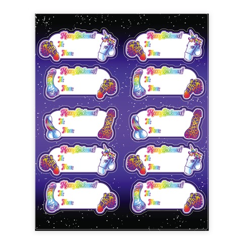 90s Neon Rainbow Penis Merry Dickmas - Christmas Gift Tags Stickers and Decal Sheet