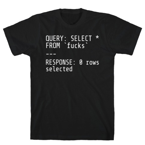 QUERY: SELECT* FROM 'F***s' -- RESPONSE: 0 rows selected T-Shirt