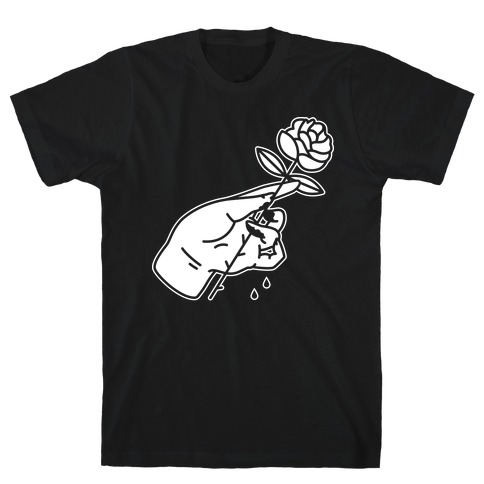 Hand With Bleeding Fingers Holding a Rose T-Shirt