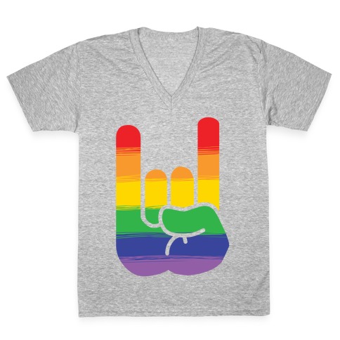 Rock On Gay Pride V-Neck Tee Shirt
