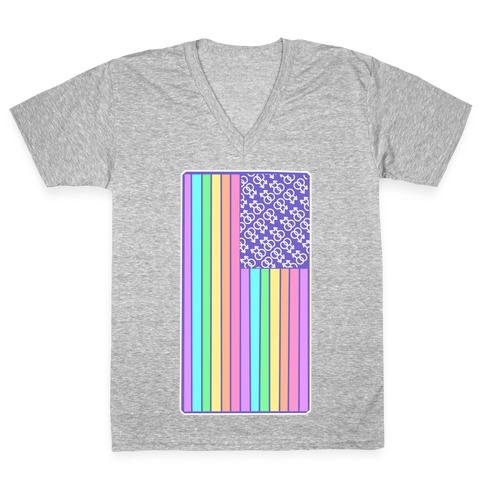 Pastel Gay Pride American Flag V-Neck Tee Shirt
