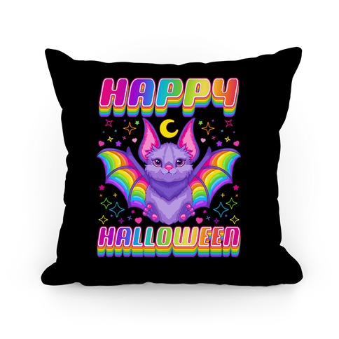 90s Neon Rainbow Bat Happy Halloween Pillow