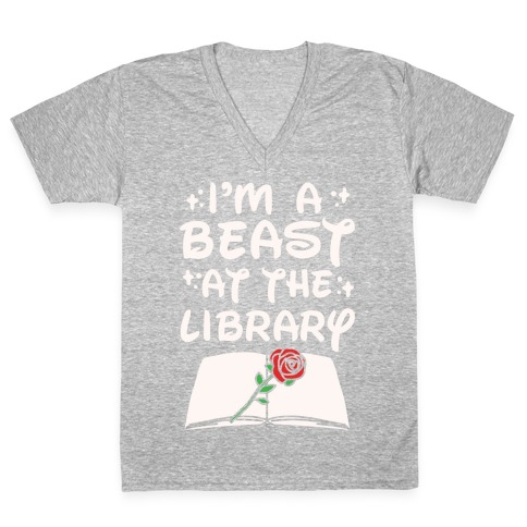 I'm A Beast At The Library Parody White Print V-Neck Tee Shirt