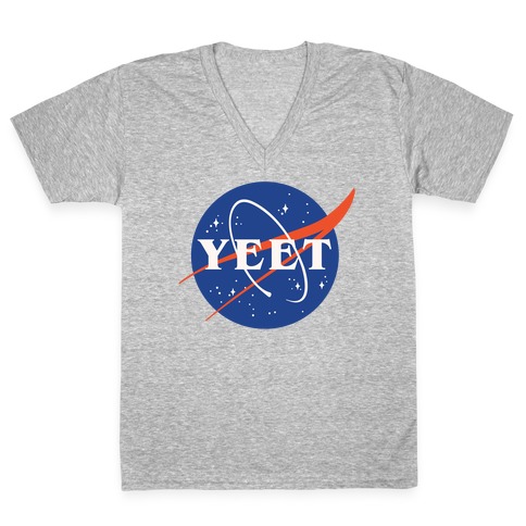 Yeet Nasa Logo Parody White Print V-Neck Tee Shirt