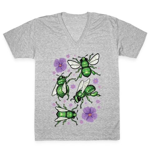 Green Orchid Bee Pattern V-Neck Tee Shirt