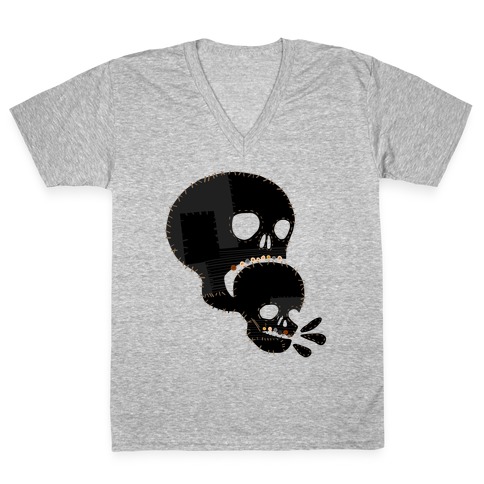Stitched Skull Eating Another Skull  V-Neck Tee Shirt